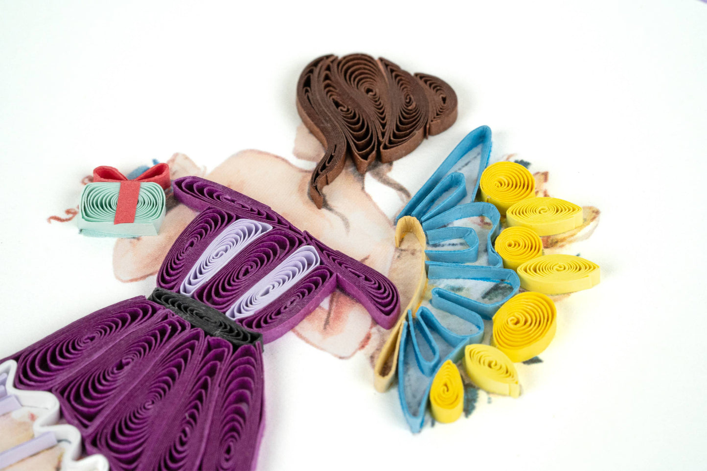 Quilled Birthday Woman with Bouquet Greeting Card