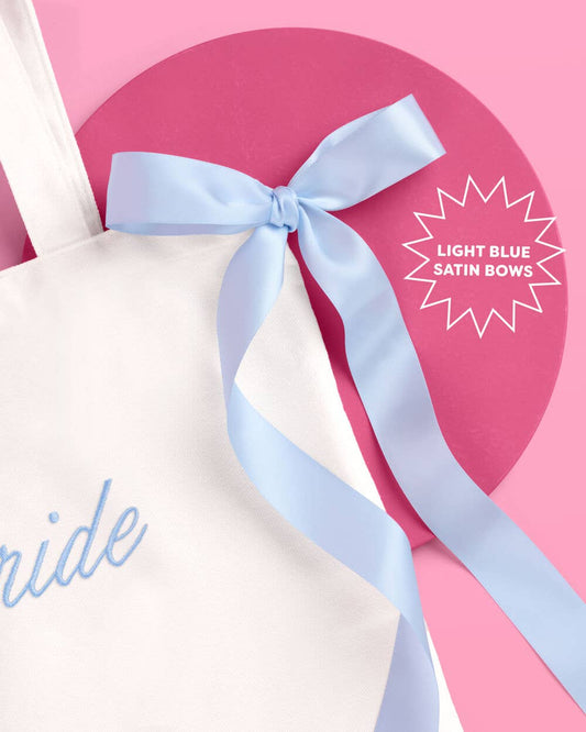 Tying the Knot Tote - embroidered canvas tote w. bows, bride accessory, blue bachelorette