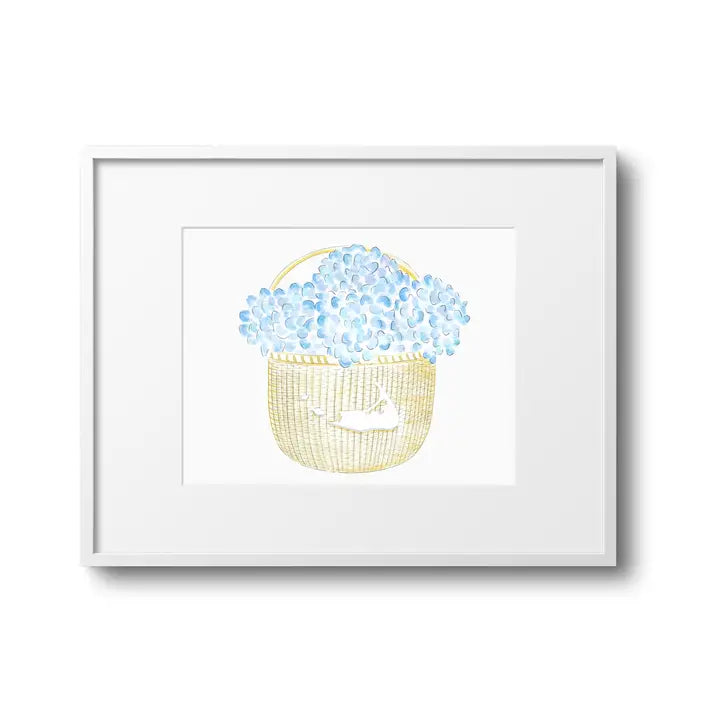 Hydrangea Nantucket Basket Map Watercolorart Print - 8x10 in