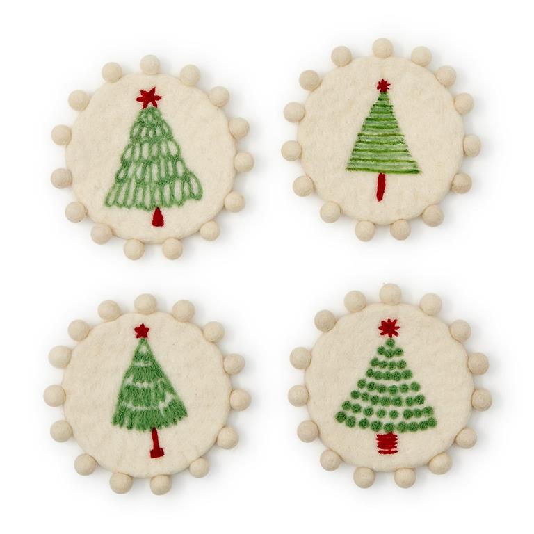Trees Set of 4 Hand-Crafted Coasters with Pom-Poms