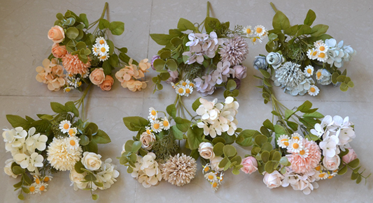 12''T Silk Mixed Floral Bouquet, Rose/Hyrangeas/Mums/Daisies