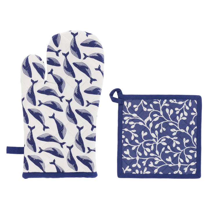 Navy Whale Oven Mitt & Pot Holder Set