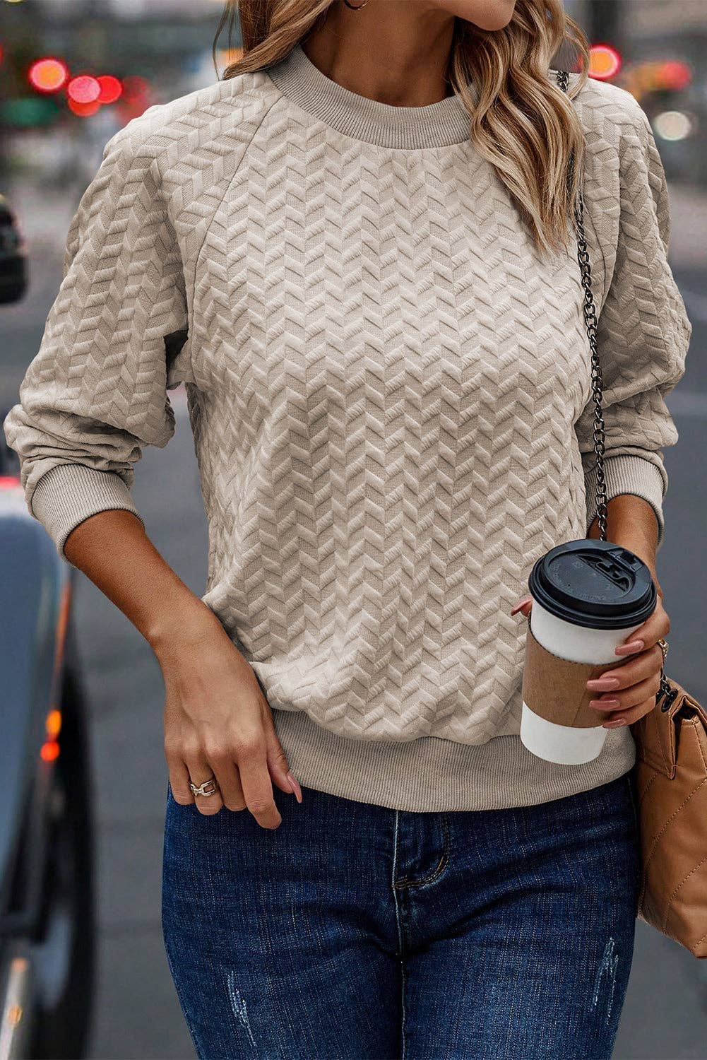 Solid Textured Raglan Sleeve Pullover Sweatshirt