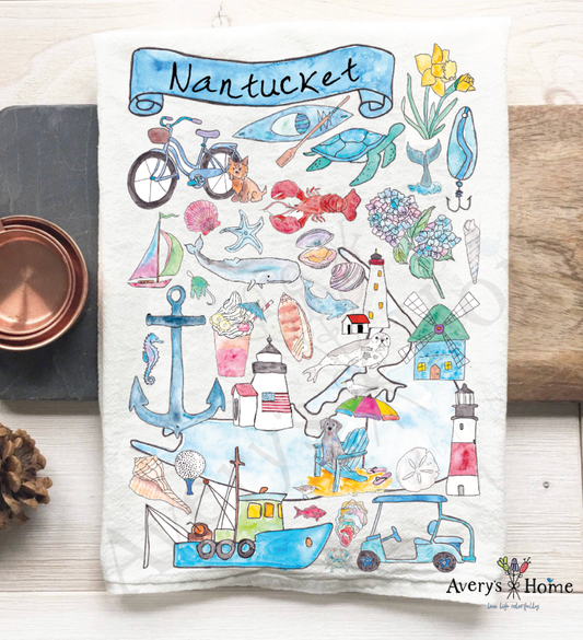 Nantucket Island Coastal Map Tea Towel