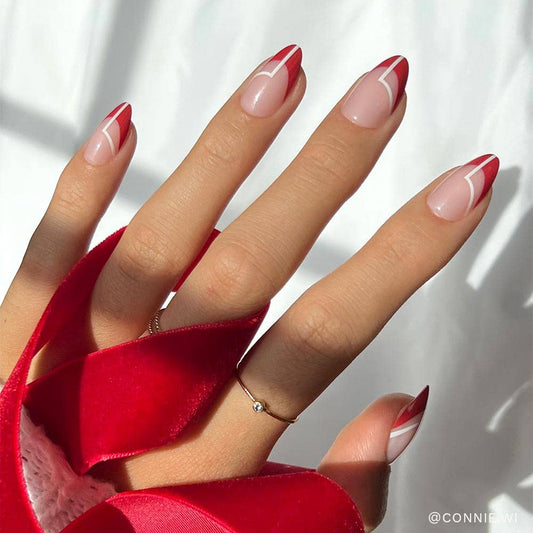 Red Martini Press-On Nails| Red French Tip| Geometric Design