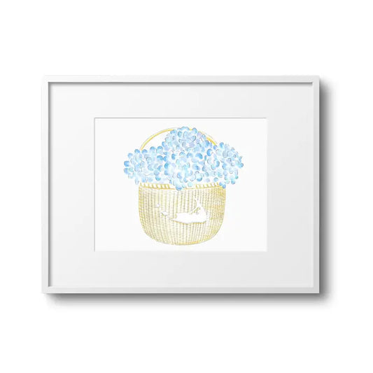 Hydrangea Nantucket Basket Map Watercolorart Print - 8x10 in