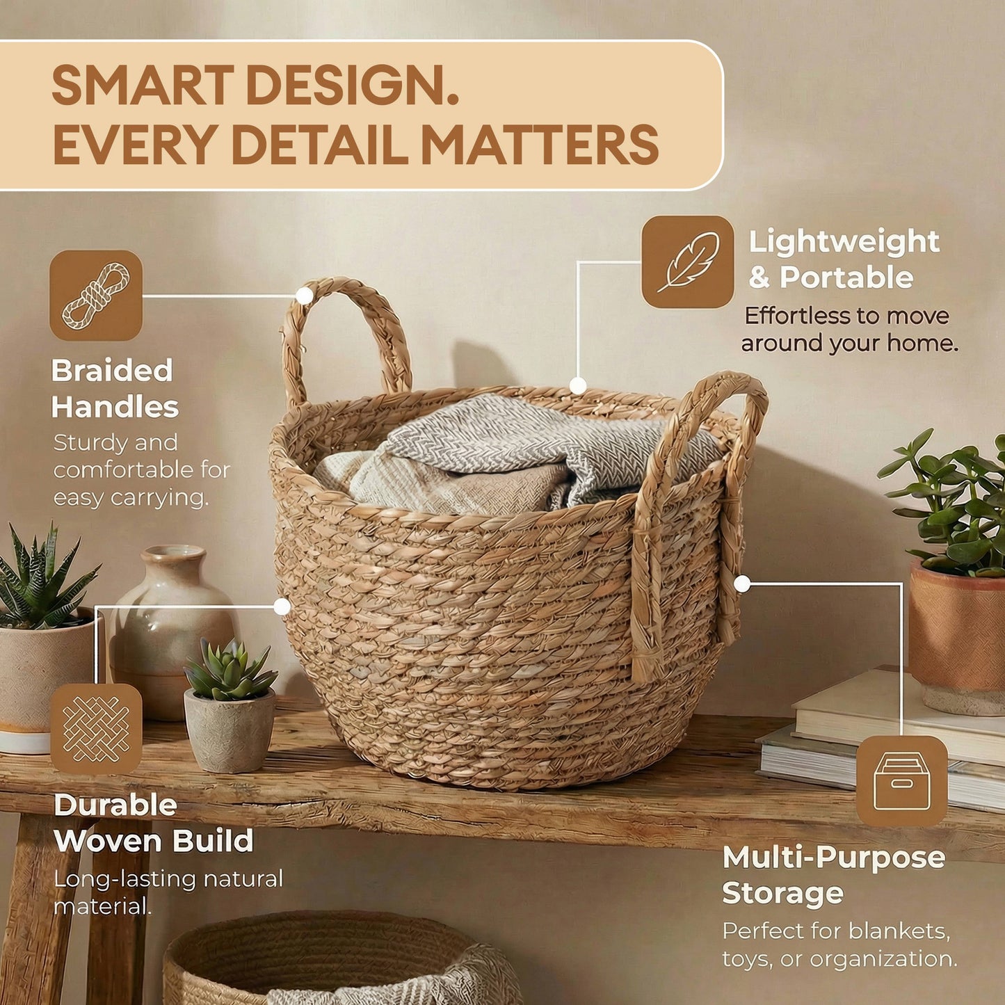 Decorative Round Wicker Woven Rope Storage Blanket Basket