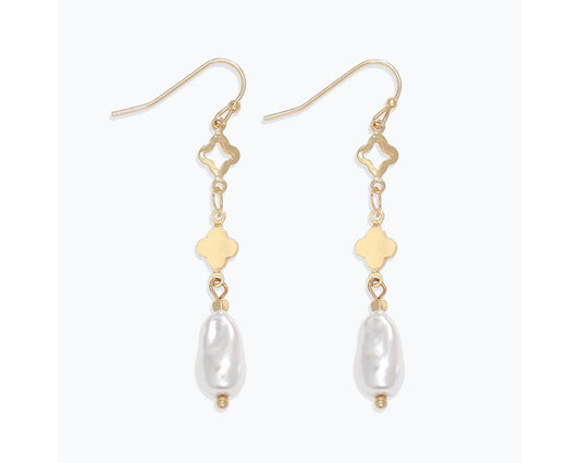 Gold Clover + Pearl Drop Earrings