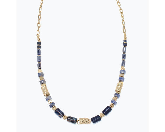 Navy Semiprecious w Gold Necklace