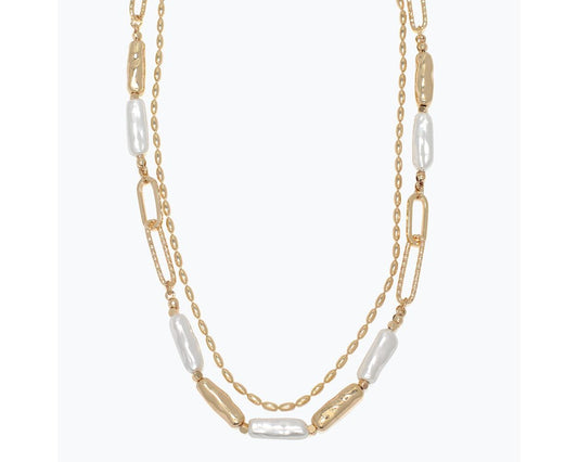 Necklace-Gold Chain Layers w Pearls Necklace
