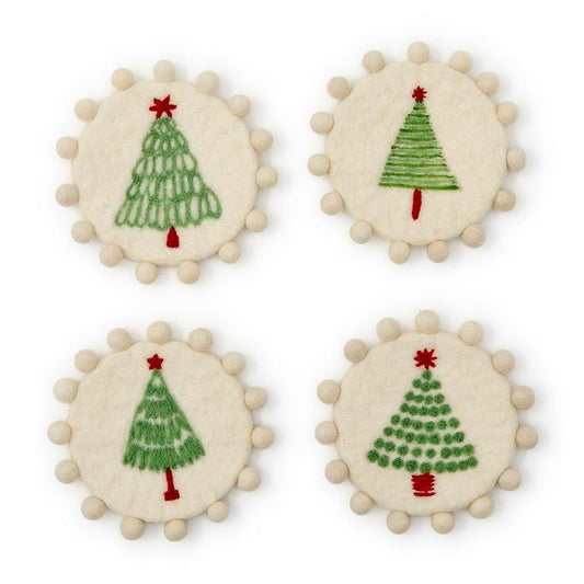 Trees Set of 4 Hand-Crafted Coasters with Pom-Poms