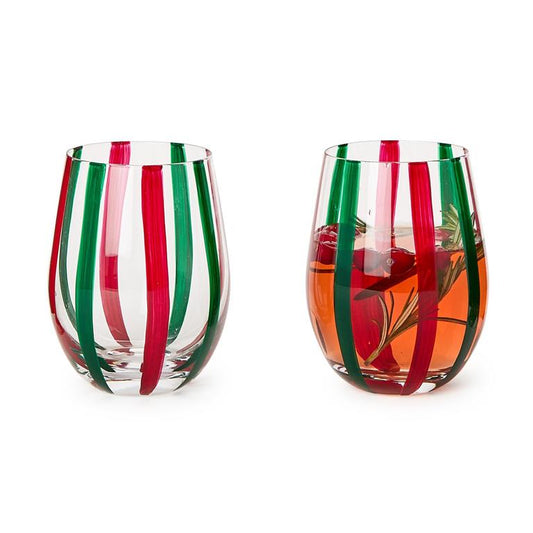 Holiday Cheer 4 Red and Green Stripes Stemless Wine Glass