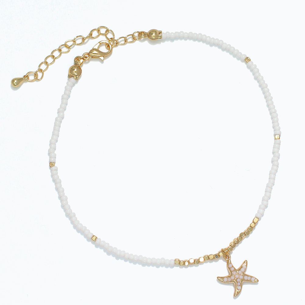 White Beads with Gold Starfish Anklet