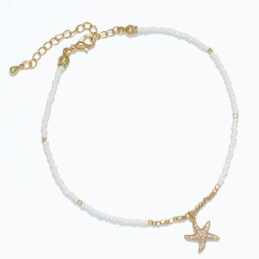 White Beads with Gold Starfish Anklet