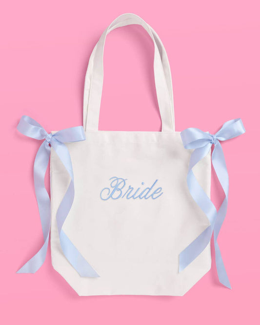 Tying the Knot Tote - embroidered canvas tote w. bows, bride accessory, blue bachelorette