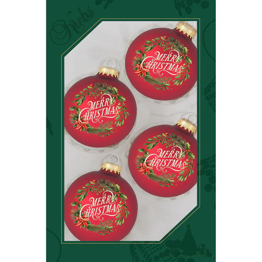 4 PC Red Velvet 2 5/8" (67mm) Glass Ball with Merry Christmas Wreath (4)