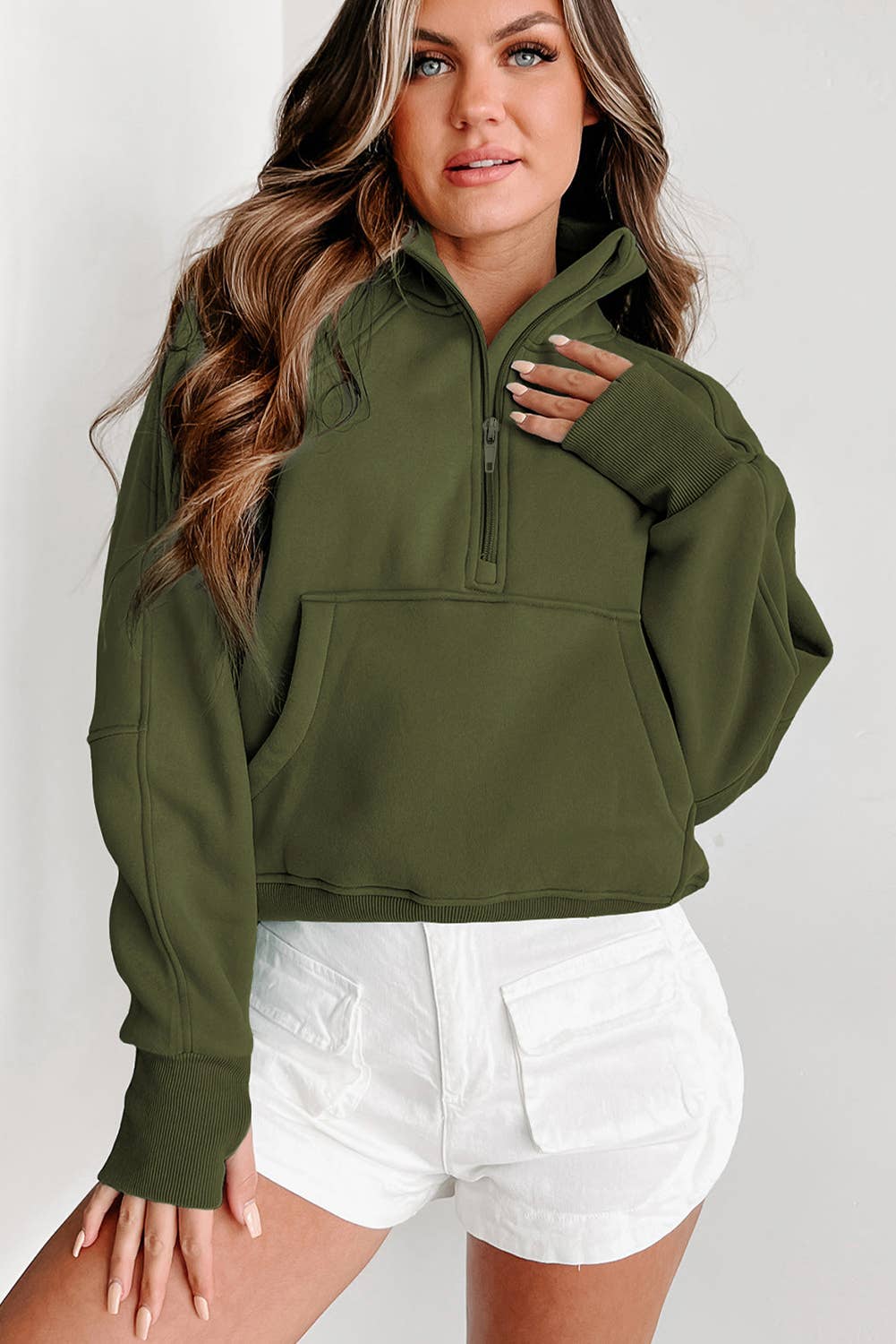 Zip Up Stand Collar Ribbed Thumbhole Sleeve Sweatshirt