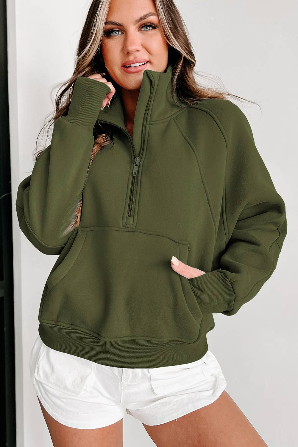 Zip Up Stand Collar Ribbed Thumbhole Sleeve Sweatshirt