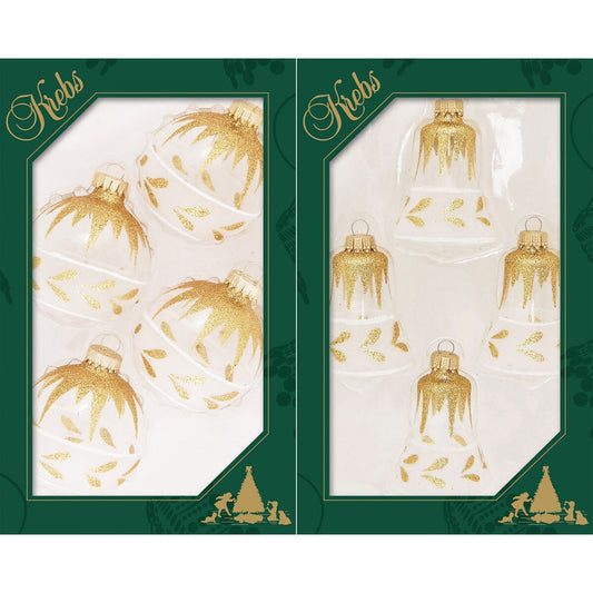 Clear 2 5/8" (67mm) Glass Ball / 3" Bells with Gold Icicles and Leaf Band Assortment (4)