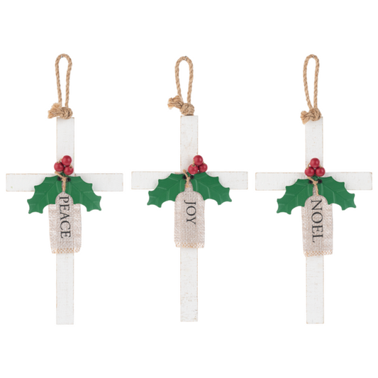 Joy, Noel, Peace Cross Ornament with Holly & Berry