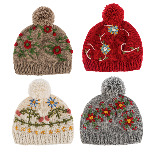 Embroidered Beanie Hat w/Pom-Pom