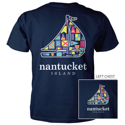 NANTUCKET NAUTICAL FLAG SAILBOAT T-SHIRT NAVY
