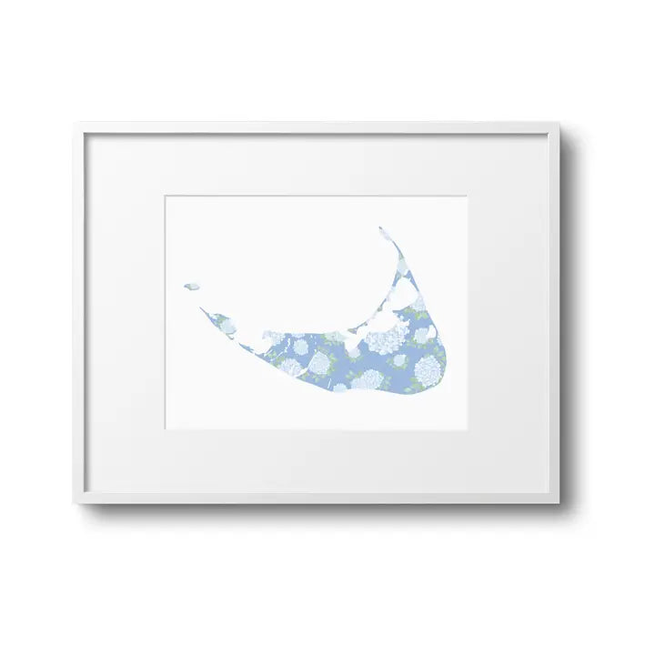 Blue Hydrangea Nantucket Map Art Print - 8x10 in