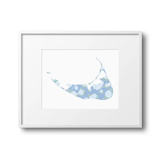 Blue Hydrangea Nantucket Map Art Print - 8x10 in