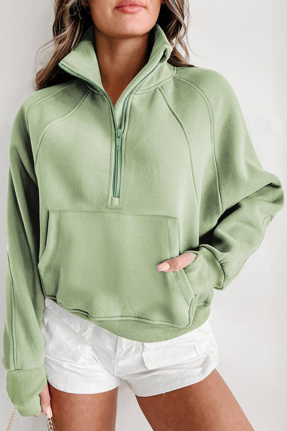 Zip Up Stand Collar Ribbed Thumbhole Sleeve Sweatshirt