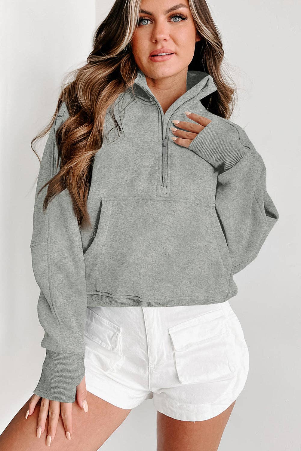 Zip Up Stand Collar Ribbed Thumbhole Sleeve Sweatshirt