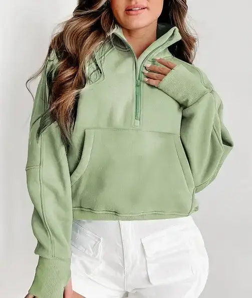 Zip Up Stand Collar Ribbed Thumbhole Sleeve Sweatshirt