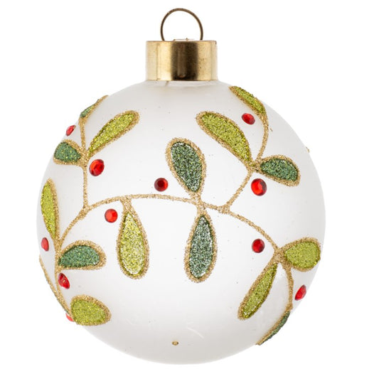 GLITTER MISTLETOE GLASS BALL ORNAMENT FROSTED (H24)