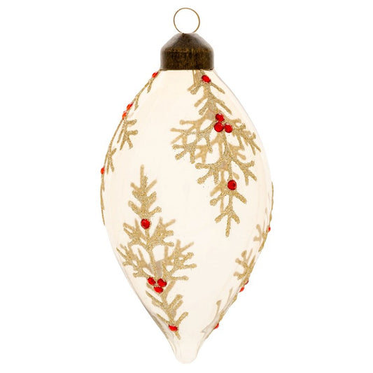 HOLLY BRANCH TEARDROP GLASS ORNAMENT (H25)